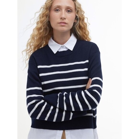 130$ Barbour Breton Emery Striped Crew Neck Knitted Jumper Sweater Size 16 Blue - Picture 1 of 4